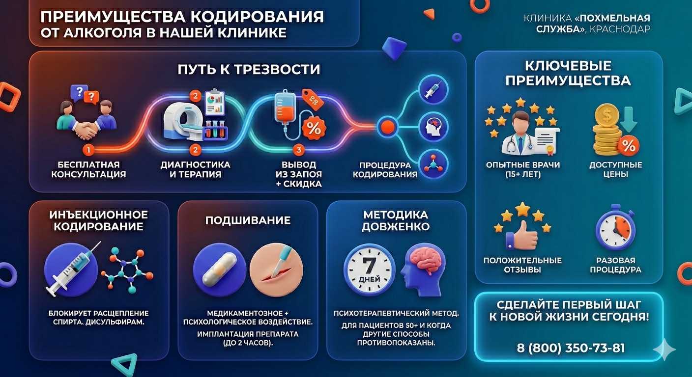 Инфографика о методах кодирования от алкоголя в Лимане: инъекции, подшивание, метод Довженко. Преимущества клиники и этапы лечения.
